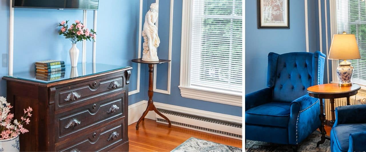 the elizabeth room at captain nickels inn featuring antique furniture from the old creamery antique mall